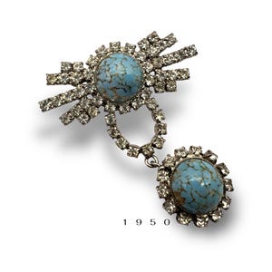 So graceful  and sparkling  dangle European brooch with limpid clear rhinestones and Turquoise blue Art Glass stones - Art.892/4