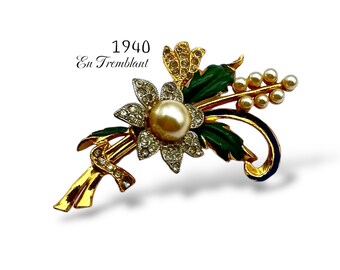 En Tremblant bloom rhinestones Flower bouquet Brooch w/enamel, Rhodium silver and  Gold Tone en Tremblant Trembler pin - Art.136/7