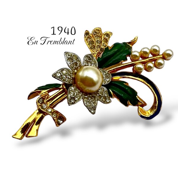 En Tremblant bloom rhinestones Flower bouquet Brooch w/enamel, Rhodium silver and  Gold Tone en Tremblant Trembler pin - Art.136/7