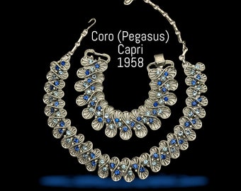 CORO (Pegasus) Demi-Parure "CAPRI" 1958 vintage Necklace & Bracelet set - sparkling blue shade of chatons and silver tone setting -Art.540/6