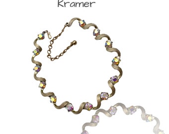 Vintage Kramer  Choker Necklace  Wavy Links Aurora Borealis Rhinestone Gold Metal Jewelry -- art.349 -