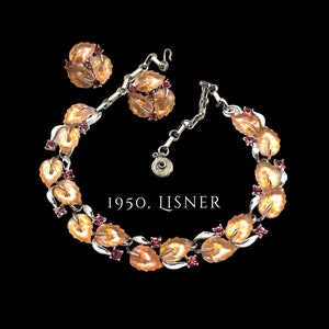 LISNER Necklace & Earring Set awesome  luminous glow, glass molded leaves motif and Hot Pink Rhinestones - Art.520/6