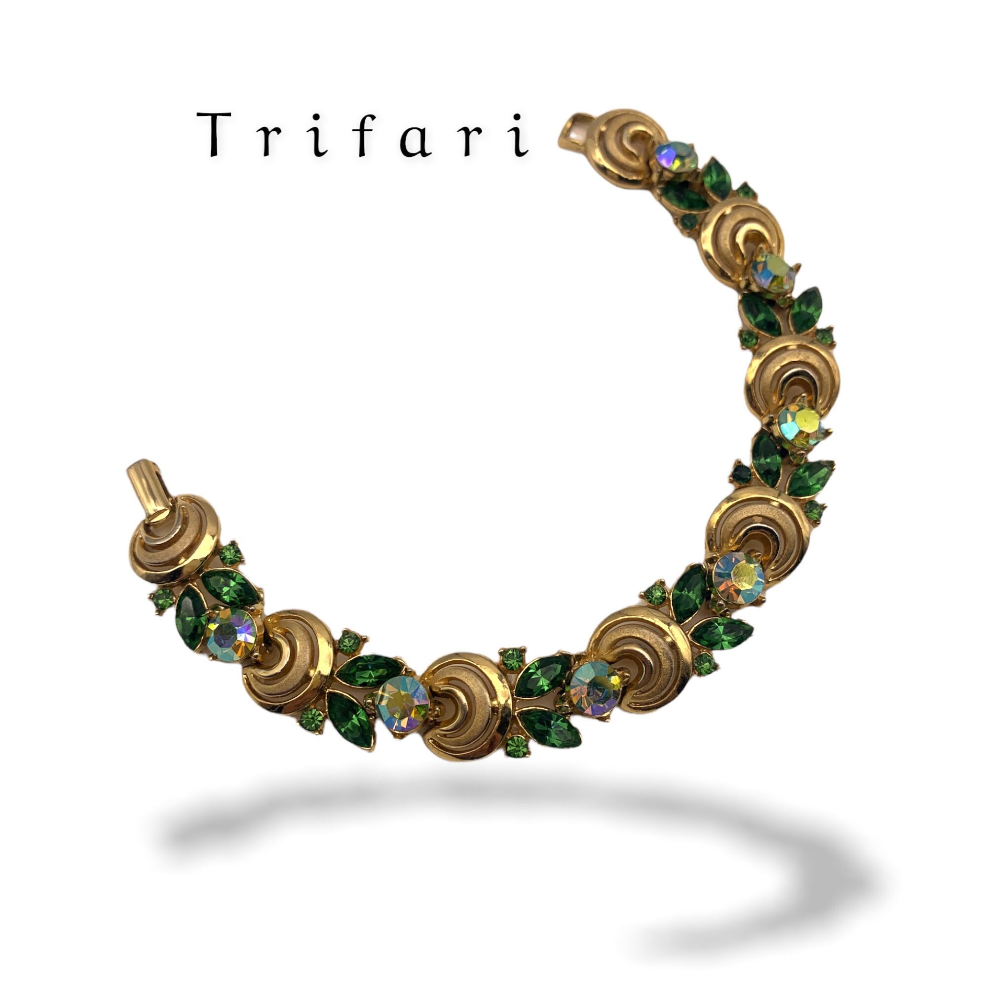 Bracelet Large Texturé TRIFARI Vintage En Strass Doré - Signé - Occasion