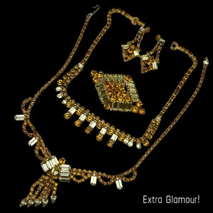 Vtg Parure 4 Piece Lemon Yellow Burnt Orange Rhinestone Necklace ...
