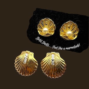 Original 1970s beautiful shell shaped clip-on earrings - gold shell, w/the light of the crystals and with the elegance of pearls-art.277/2