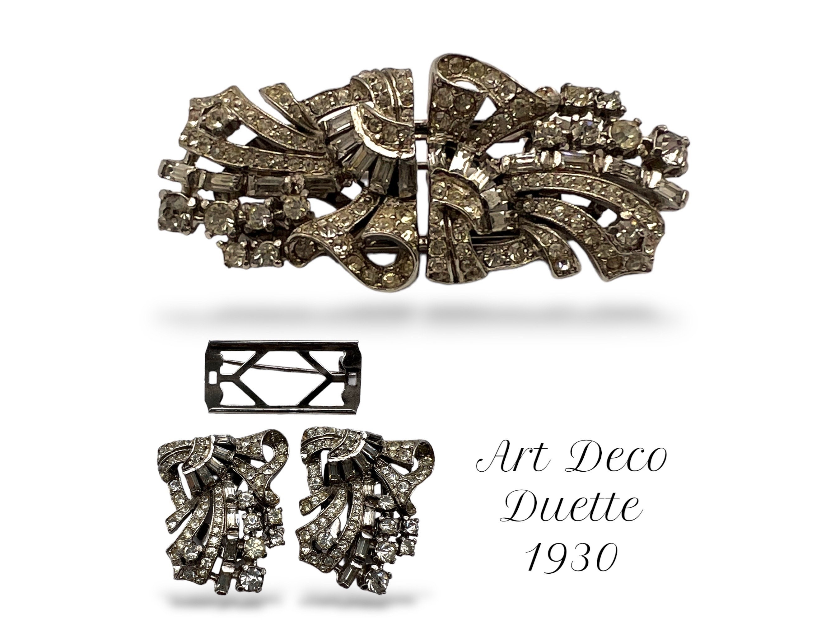 Late Art Deco Diamond Scroll Dress Clips/Earrings