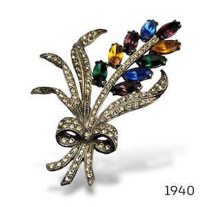 Vintage BIG Flower Spray Brooch / Pin Hyacinth, Pave Rhinestone, Silver Tone Pot Metal and Prong set  colored Navette rhinestones -Art.410/4