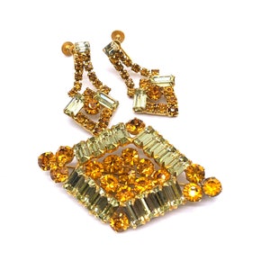 Vtg Parure 4 Piece Lemon Yellow Burnt Orange Rhinestone Necklace ...