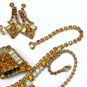 Vtg Parure 4 Piece Lemon Yellow Burnt Orange Rhinestone Necklace ...