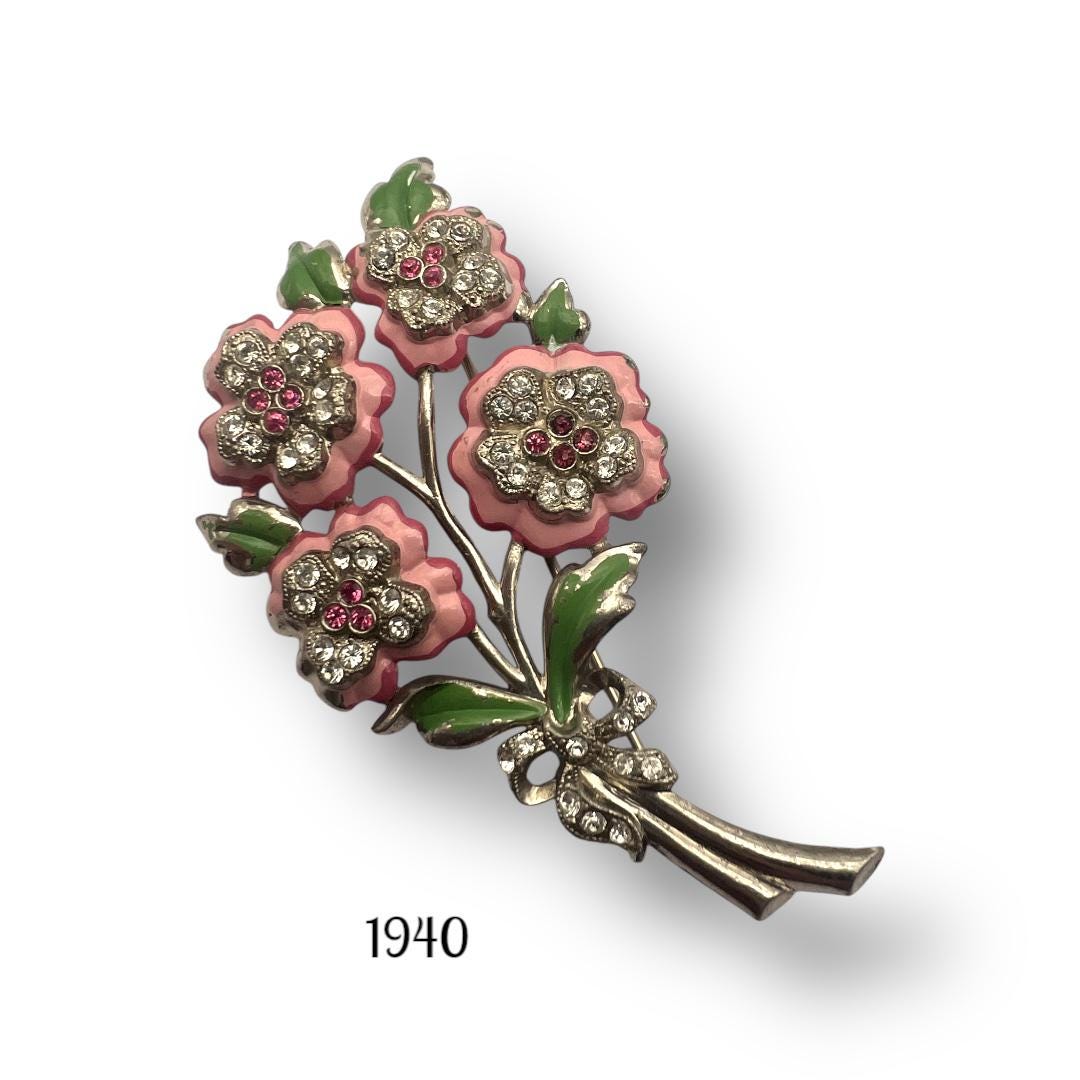 1940s Floral Bouquet Brooch, Rhinestone Enamel Pin - Pink Bouquet