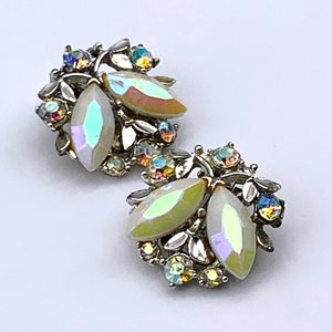 Late 1950 © B.S.K. white chalk aurora borealis marquise rhinestones silver leaves clip Earrings Designer Signed White Colors.Art.639/4 image 3