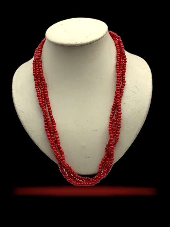 Cherry red glass coral beads 3 strands necklace -… - image 3