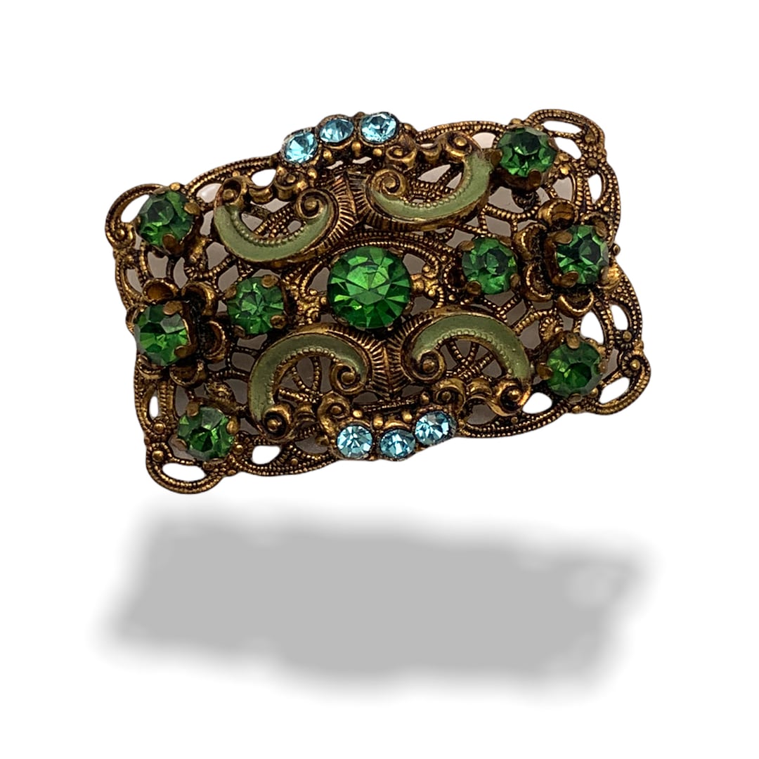 1950 Vintage Art DECO CZECH Green and Blue Rhinestone/enamel