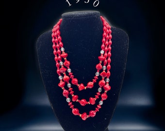 50s Three strand Graduated Red Glass beads Necklace -fantastic color and dazzling AB jeweled clasp -Art.112/7 -