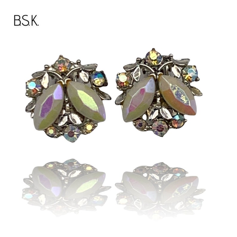 Late 1950 © B.S.K. white chalk aurora borealis marquise rhinestones silver leaves clip Earrings Designer Signed White Colors.Art.639/4 image 1