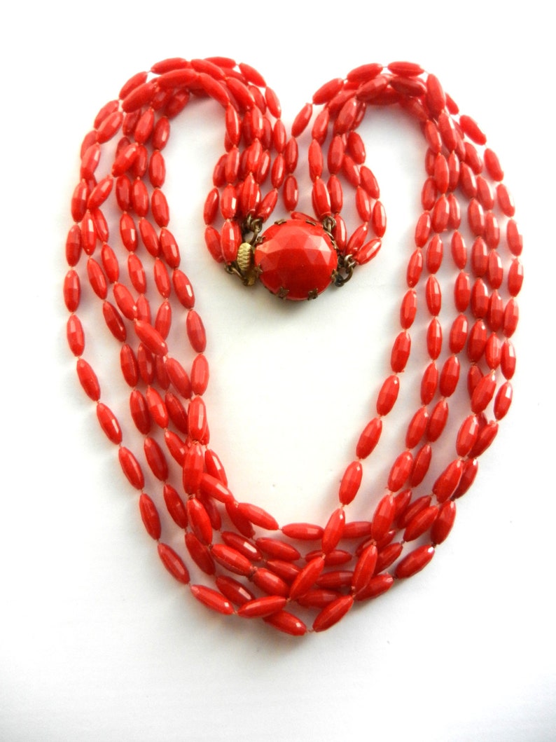 Ravishing Red Multi Strand Lucite Necklace large grain of rice faceted red beads and lovely round clasp Art.3414