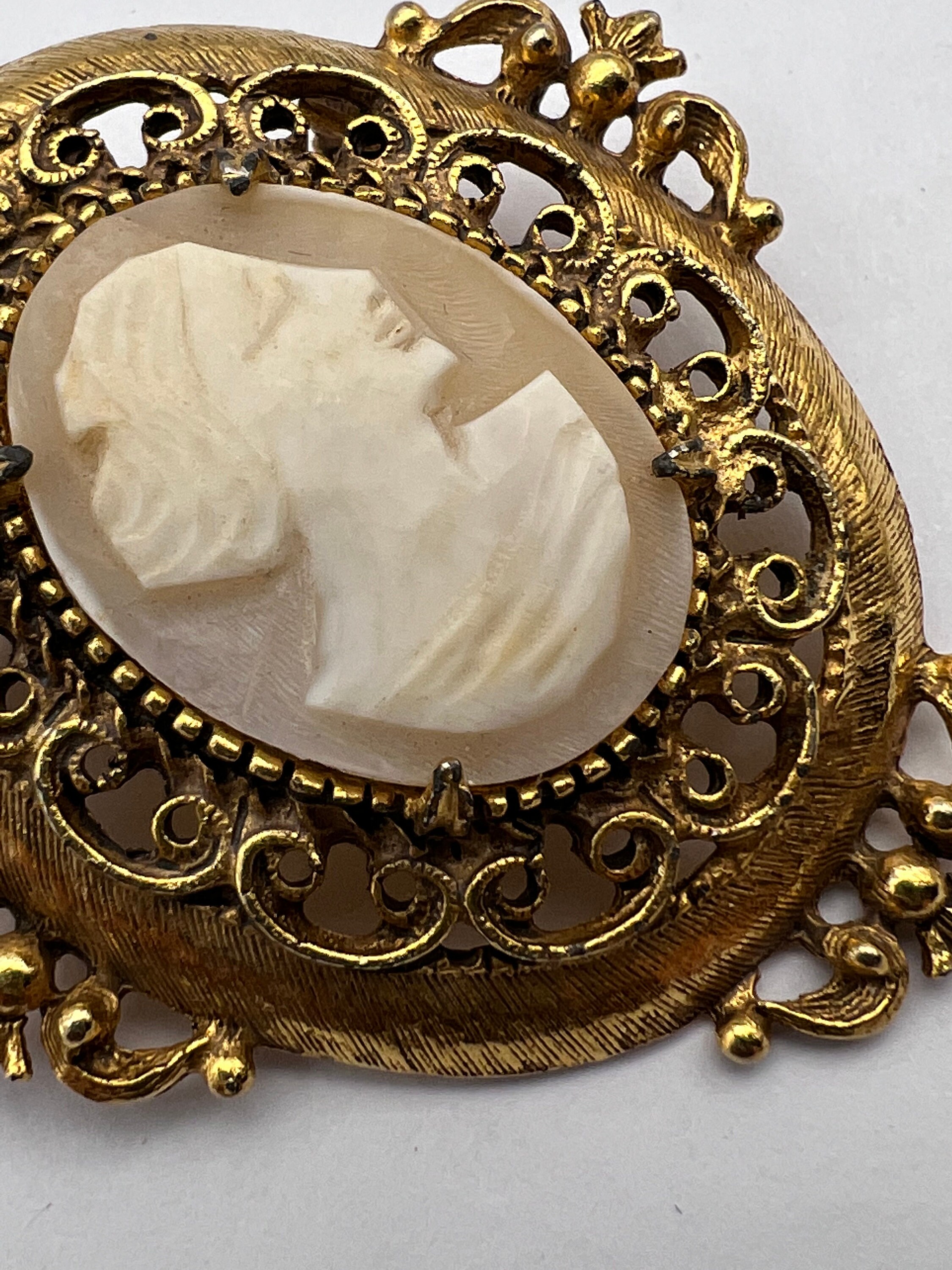 Florenza Signed Genuine Shell Carved Cameo Portrait Pin - Large