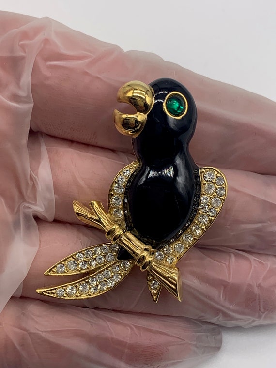 SPHINX Jeweled Parrot bird figural pin Glossy bla… - image 6