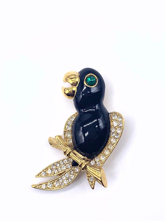 SPHINX Jeweled Parrot bird figural pin Glossy bla… - image 3