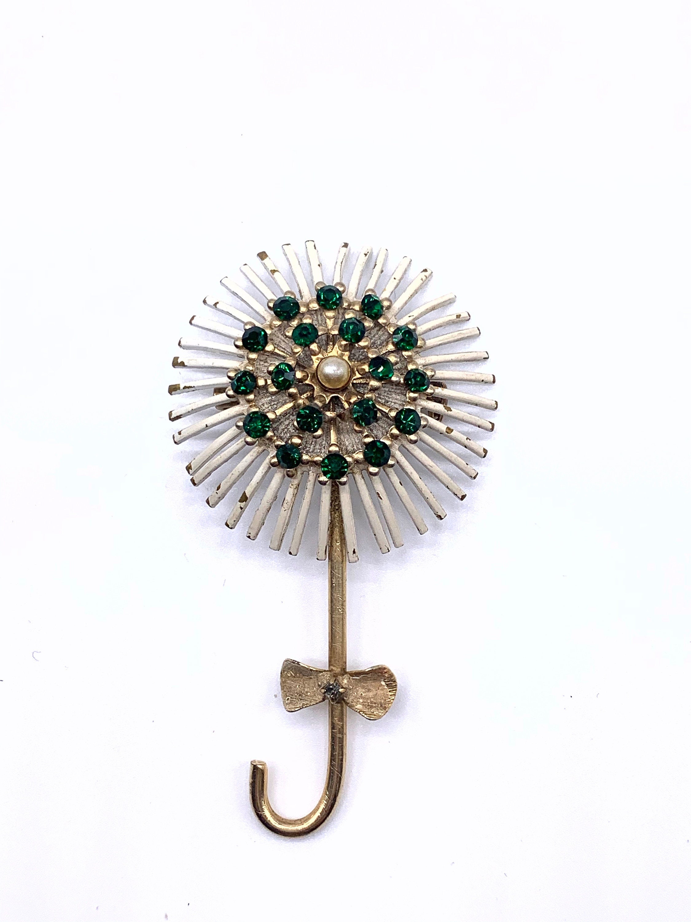 Broche Fleur Vintage En Métal Doré Avec Zirconiums - Années 50