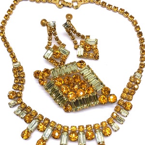 Vtg Parure 4 Piece Lemon Yellow Burnt Orange Rhinestone Necklace ...