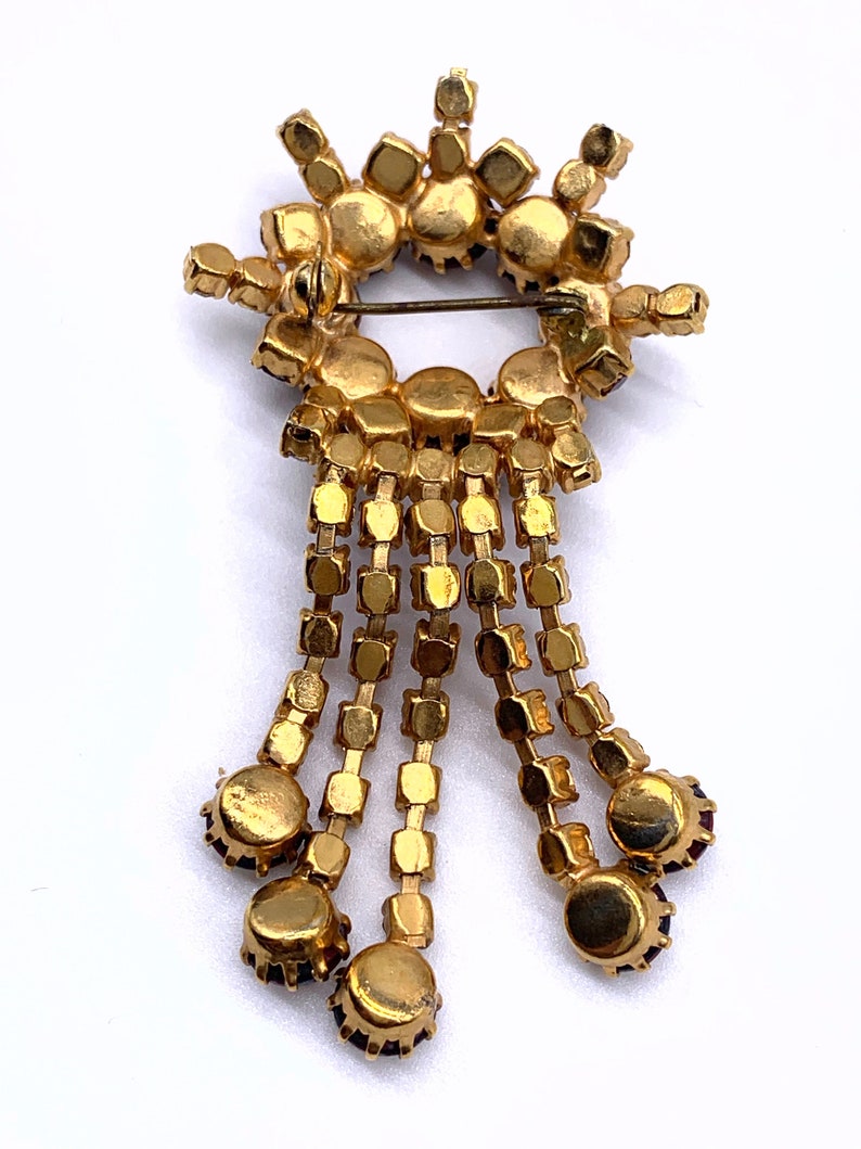 Vintage rhinestone dangle Brooch with quality Art Glass Cabochons pronged on gold tone setting art.4186 1960s fringetassel pin