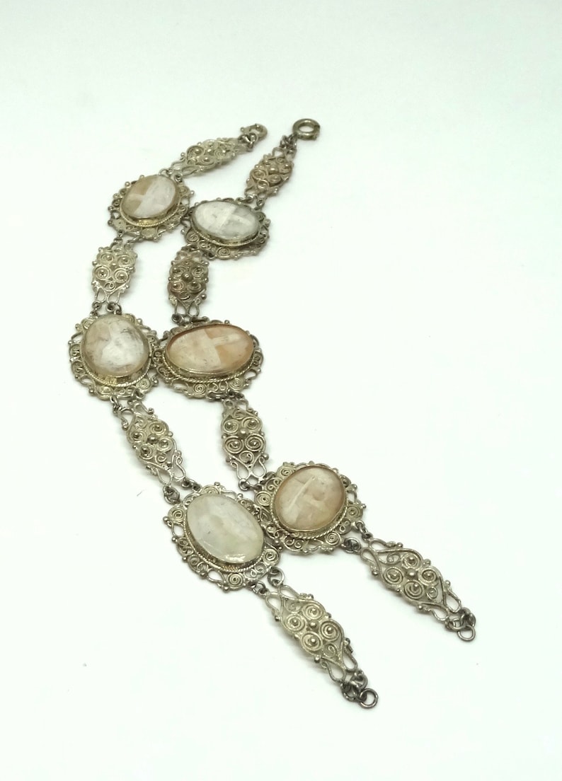 Art.136 gorgeous treasure for collection Antique European Victorian Carved SHELL CAMEO silver filigree Bracelet