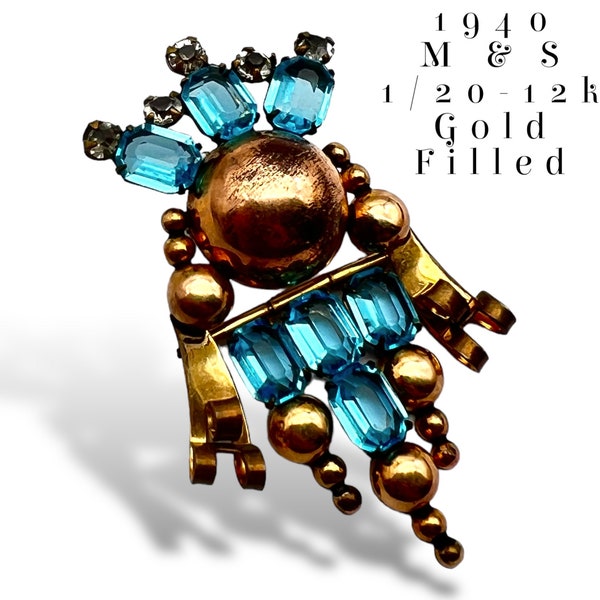 Original design 1940s M&S Brooch 12K G.F. gold filled -  Smoky rhinestones and open back Aqua blue crystals- art.77/7