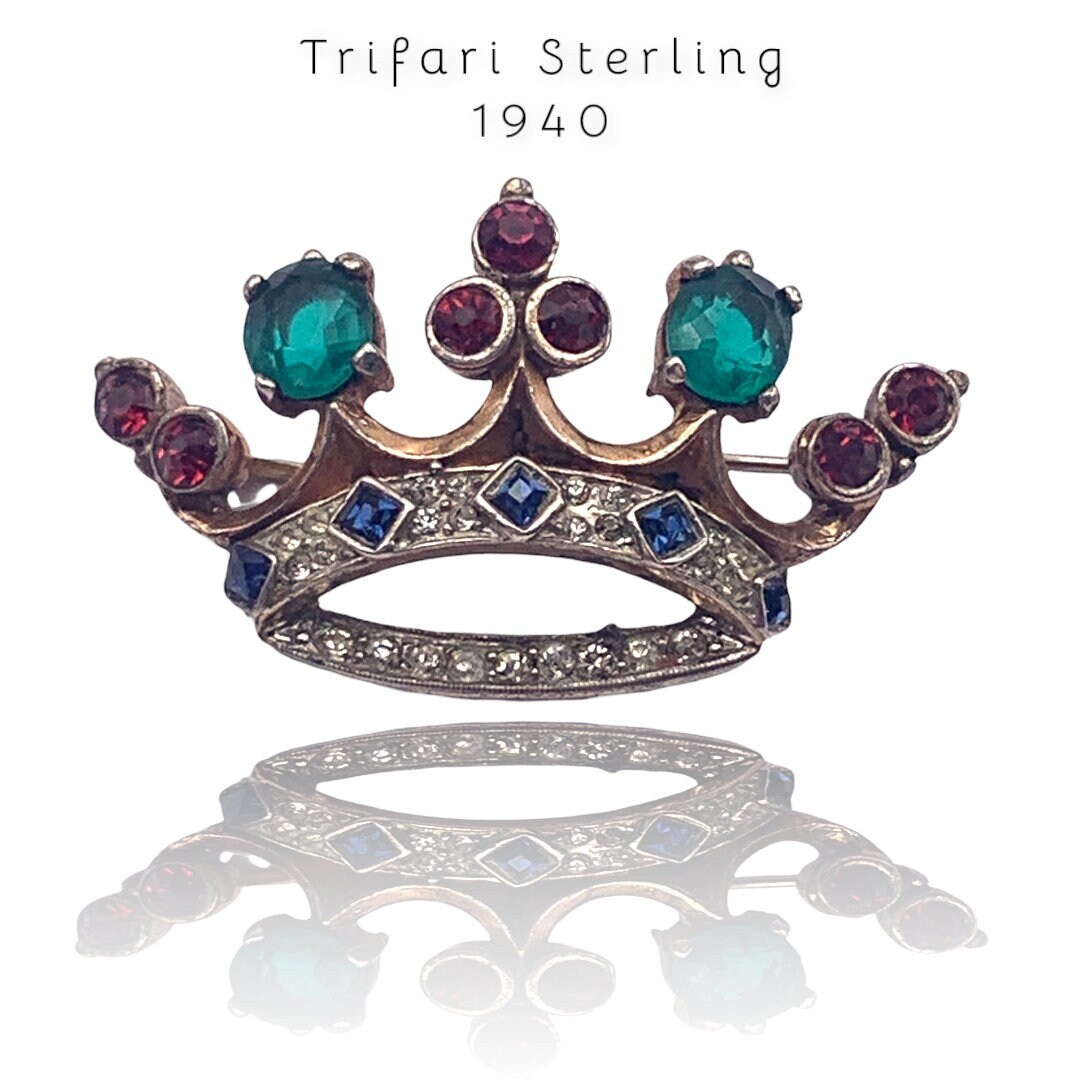 Trifari Sterling & Crystals Crown Brooch-crown Motif Sterling  display picture 1