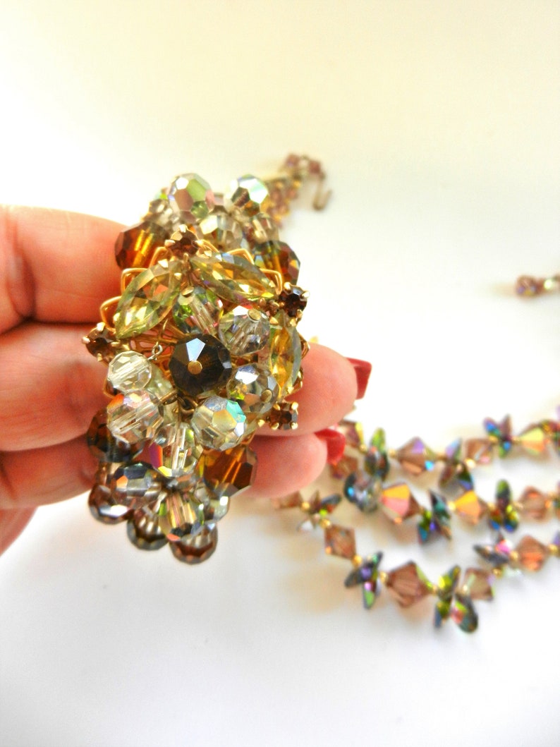 Aurora Borealis Beaded 3 strands cascaded necklace and Wraparound Bracelet set Art.2445 demi-set collectibles