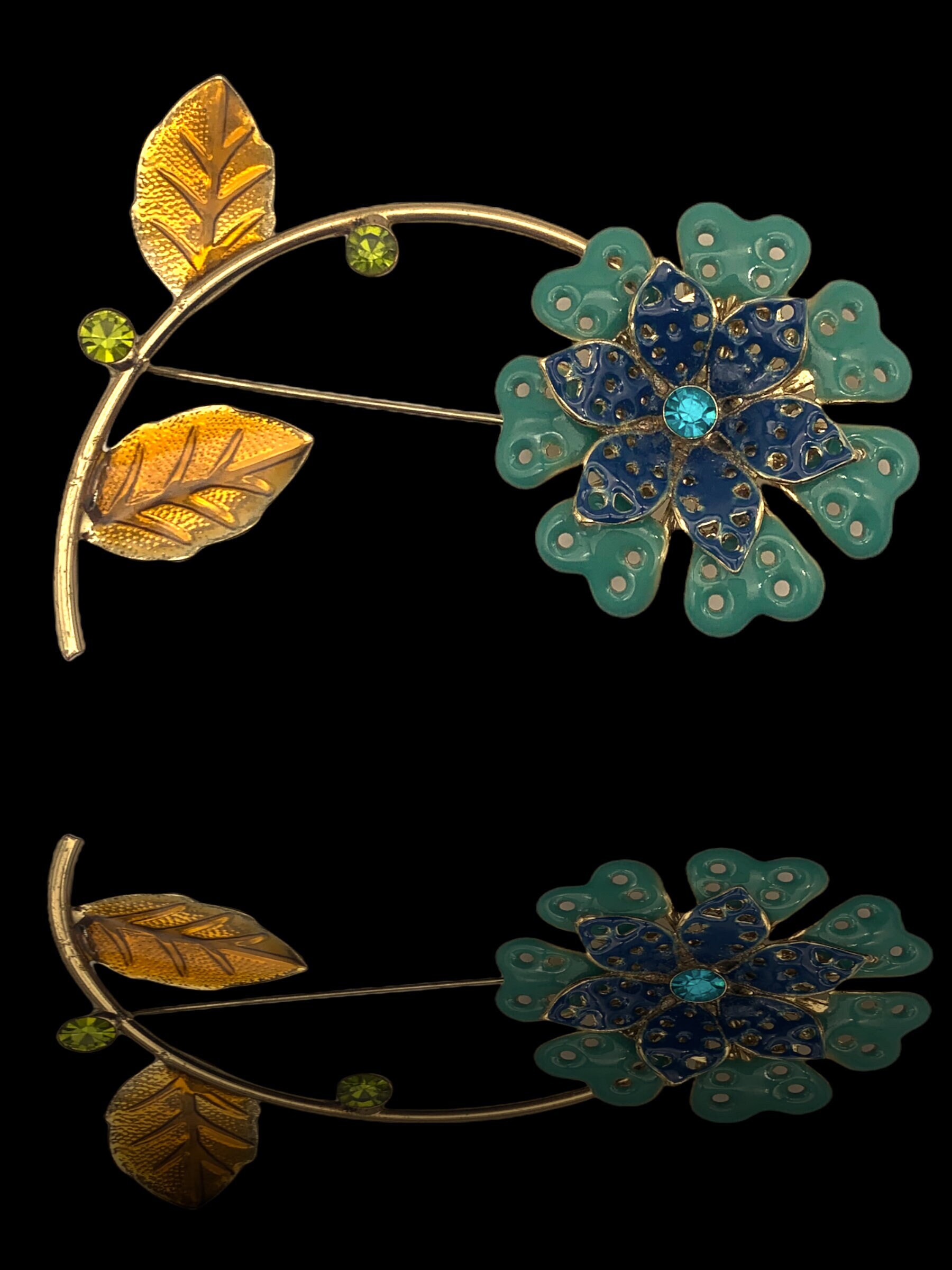 Vintage 1960’s Large Bright Teal Blue & Purple Flower Statement Brooch 2 2/3” 1960s Vintage FLOWER POWER Deep Blue & Turquoise Enamel  main image 2