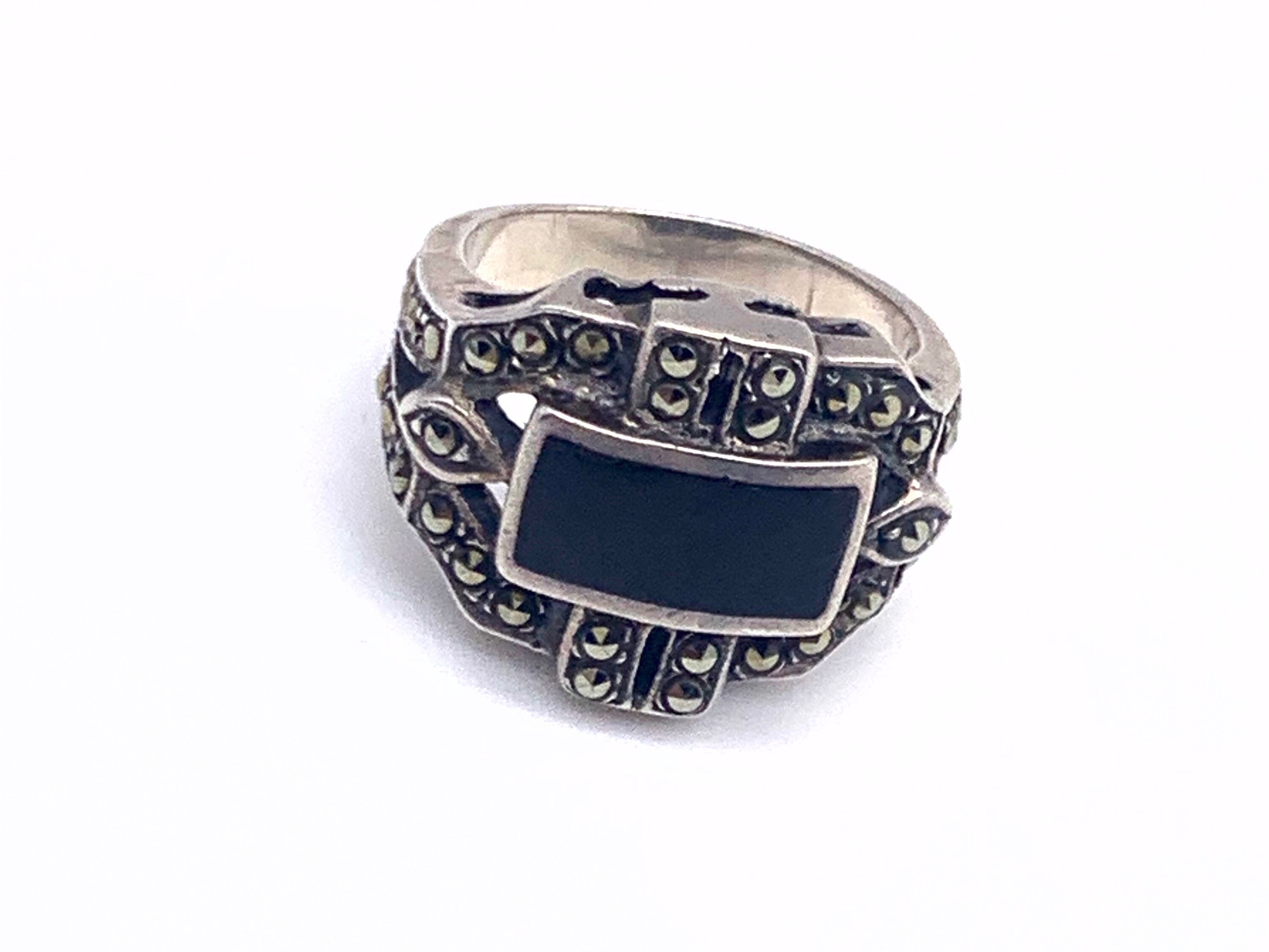 1920s Marcasite and Black Onyx Deco Ring - Fascinating