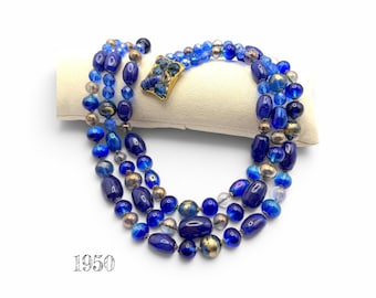 1950s 3-Strand Necklace in Cobalt Blue and Gold Artistic Glass, Jewelry Clasp with Stones/Beads, Vintage Costume Jewelry - Art.711/7