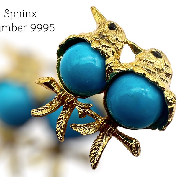 Sphinx lovely birds on branch brooch puffy  turquoise belly with black rhinestones for eyes- Art.981/6