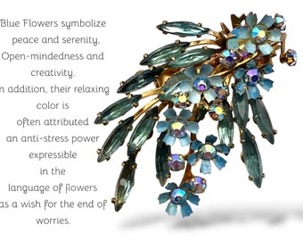 Enchanting beauty 1950s Austrian layered spray enameled floral brooch with vibrant Baby blue crystals and AB chatons -- art.906-6 -