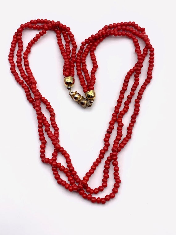 Cherry red glass coral beads 3 strands necklace -… - image 2
