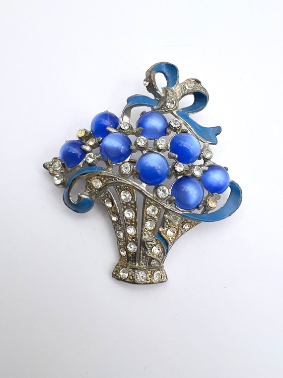 Vintage flower basket brooch rhinestones, rhodium… - image 3