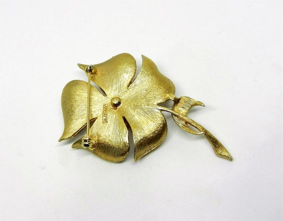 Vintage ALAN J Orange Rhinestone Flower Gold Tone Pin Brooch