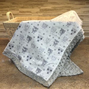 Homemade Minky Baby Blanket, Neutral Bears, Blanket for Baby/Child, Gray Blanket