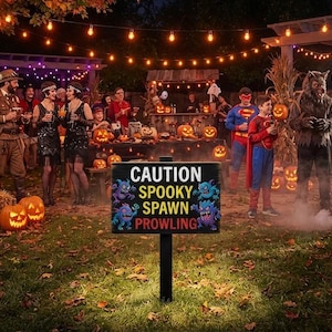 May include: A rectangular black sign on a post featuring the text CAUTION SPOOKY SPAWN PROWLING in yellow and white letters, decorated with colorful cartoon monster illustrations on a dark background, positioned in a grassy outdoor area.