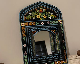 Hand-Painted Wooden Mirror with Floral Window Shutters | Boho Folk Art Wall Decor