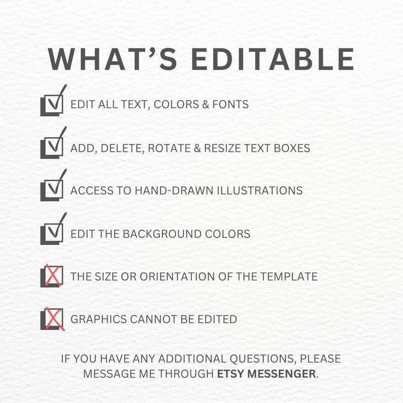 Op de afbeelding: Een witte achtergrond met de tekst "WHAT'S EDITABLE" in een donker lettertype. De afbeelding geeft bewerkbare functies weer, waaronder tekst, kleuren, lettertypen, tekstvakken, illustraties en achtergrondkleuren. De grootte, ori&euml;ntatie en afbeeldingen kunnen niet worden bewerkt.