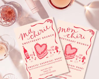Mon Cheri, Ma Cherie Sweetheart Brunch Invite Template, Editable Canva Template, Cherries, Rose, Pink, Ma Cherie Invitation