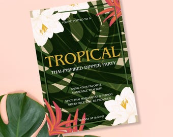 Tropical Dinner Party Invite Template, Editable Canva Template, Tropical Rehearsal Dinner, Tropical Birthday Party, White Lotus, Palm Leaves