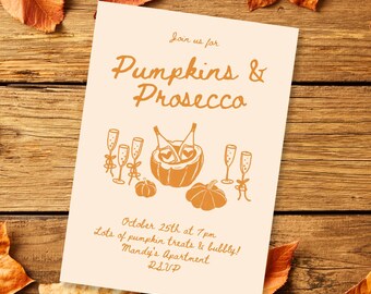 Invitación de calabazas y prosecco para velada de otoño. Plantilla editable (Canva, descarga instantánea).