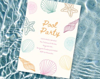 Uitnodiging voor feestje met pastelkleurige zeeschelp: bewerkbare canvassjabloon (digitale download (5 x 7")
