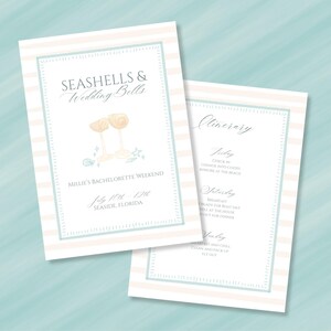 May include: Two invitation cards with a beach theme. The cards have a light blue and beige striped background. The text on the cards reads "Seashells & Wedding Bells" and "Millie's Bachelorette Weekend". The itinerary is also listed.