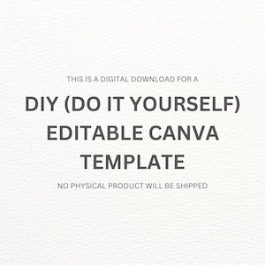 Op de afbeelding: Witte achtergrond met grijze tekst: "THIS IS A DIGITAL DOWNLOAD FOR A DIY (DO IT YOURSELF) EDITABLE CANVA TEMPLATE. NO PHYSICAL PRODUCT WILL BE SHIPPED."