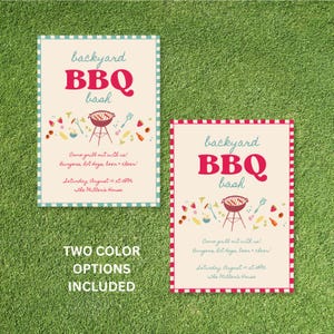 May include: Two invitations for a backyard BBQ bash. The invitations have a cream background with the words "backyard BBQ bash" in red and teal. The invitations include the text "Come grill out with us! Burgers, hot dogs, beer & cheer!" and "Saturday, August 10 at 6PM The Miller's House."