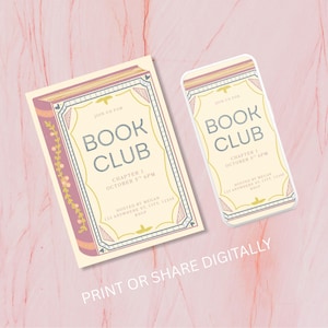 Op de afbeelding: Twee cr&egrave;mekleurige Book Club-uitnodigingen met een boekontwerp. De uitnodigingen hebben de tekst "BOOK CLUB" en evenementdetails. De uitnodigingen staan op een roze marmeren achtergrond. De tekst "PRINT OR SHARE DIGITALLY" staat onderaan.